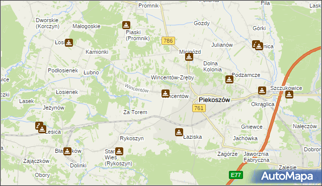 mapa Wincentów gmina Piekoszów, Wincentów gmina Piekoszów na mapie Targeo