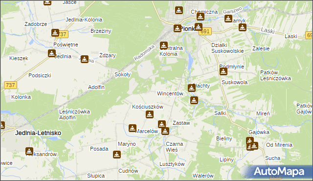 mapa Wincentów gmina Pionki, Wincentów gmina Pionki na mapie Targeo