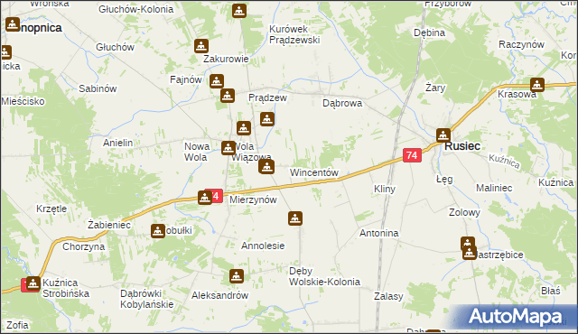 mapa Wincentów gmina Rusiec, Wincentów gmina Rusiec na mapie Targeo