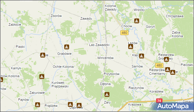 mapa Wincentów gmina Widawa, Wincentów gmina Widawa na mapie Targeo