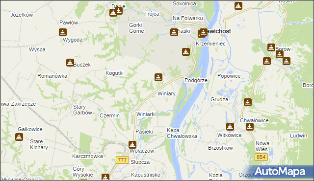 mapa Winiary gmina Dwikozy, Winiary gmina Dwikozy na mapie Targeo