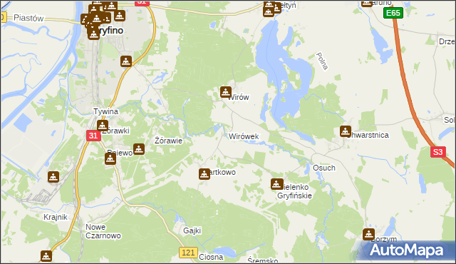 mapa Wirówek gmina Gryfino, Wirówek gmina Gryfino na mapie Targeo