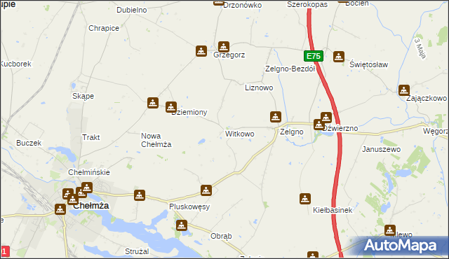 mapa Witkowo gmina Chełmża, Witkowo gmina Chełmża na mapie Targeo