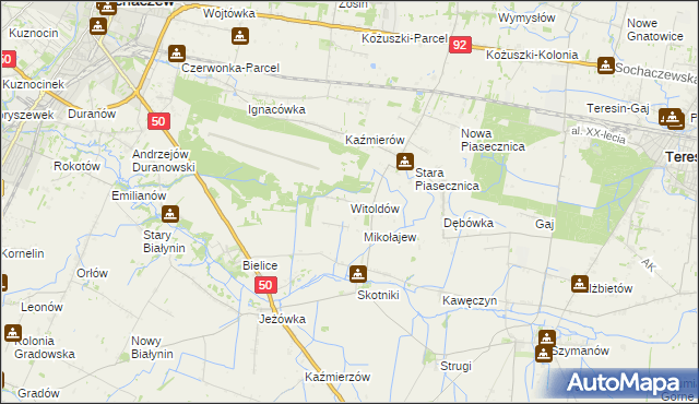 mapa Witoldów gmina Teresin, Witoldów gmina Teresin na mapie Targeo