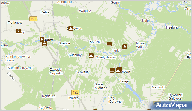 mapa Władysławów gmina Miedźno, Władysławów gmina Miedźno na mapie Targeo