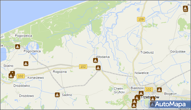 mapa Włodarka gmina Trzebiatów, Włodarka gmina Trzebiatów na mapie Targeo