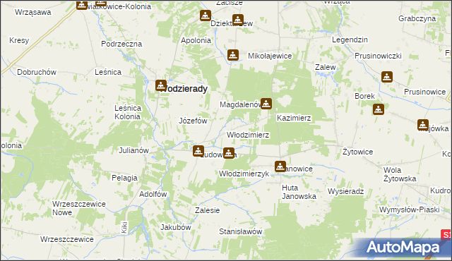 mapa Włodzimierz gmina Wodzierady, Włodzimierz gmina Wodzierady na mapie Targeo