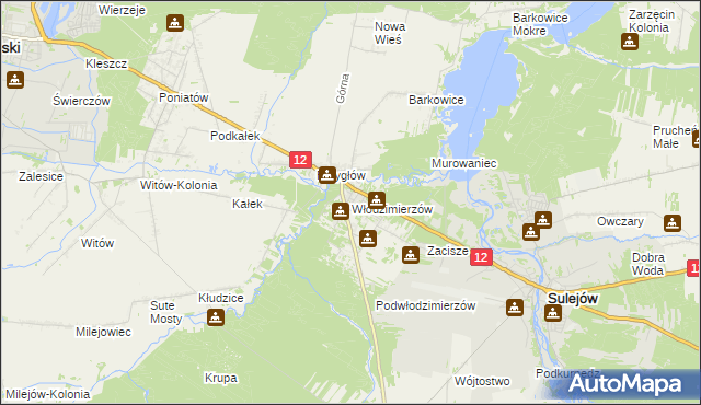 mapa Włodzimierzów gmina Sulejów, Włodzimierzów gmina Sulejów na mapie Targeo