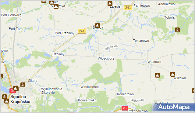 mapa Włościbórz gmina Sępólno Krajeńskie, Włościbórz gmina Sępólno Krajeńskie na mapie Targeo