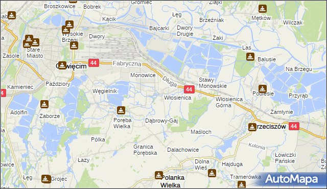 mapa Włosienica gmina Oświęcim, Włosienica gmina Oświęcim na mapie Targeo