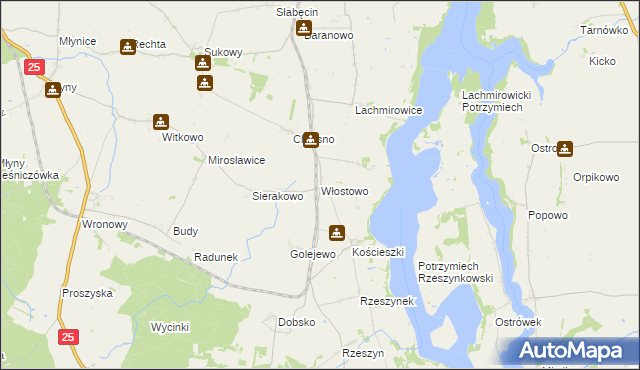mapa Włostowo gmina Jeziora Wielkie, Włostowo gmina Jeziora Wielkie na mapie Targeo