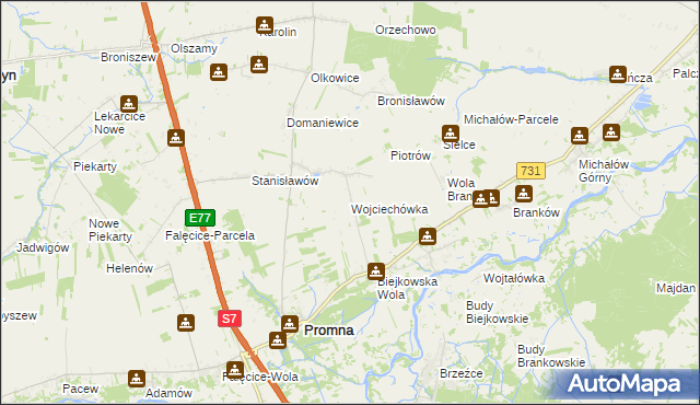 mapa Wojciechówka gmina Promna, Wojciechówka gmina Promna na mapie Targeo