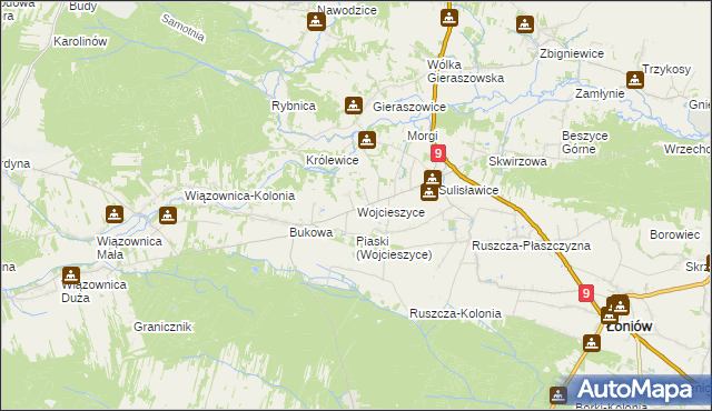 mapa Wojcieszyce gmina Łoniów, Wojcieszyce gmina Łoniów na mapie Targeo