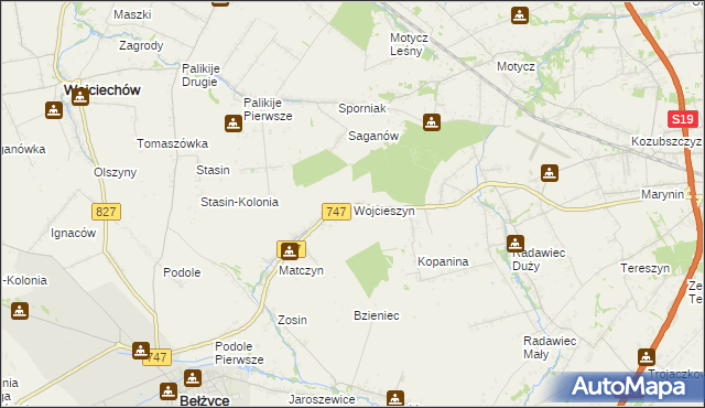 mapa Wojcieszyn gmina Bełżyce, Wojcieszyn gmina Bełżyce na mapie Targeo