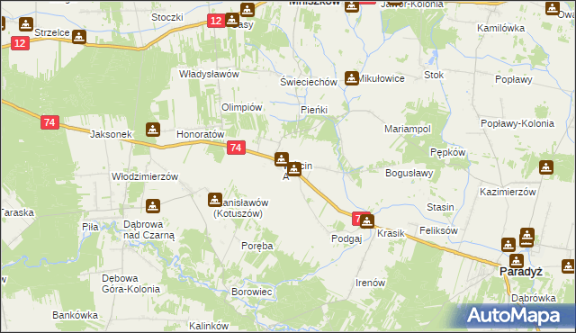 mapa Wójcin gmina Paradyż, Wójcin gmina Paradyż na mapie Targeo