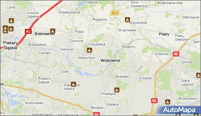 mapa Wojkowice powiat będziński, Wojkowice powiat będziński na mapie Targeo