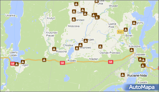 mapa Wojnowo gmina Ruciane-Nida, Wojnowo gmina Ruciane-Nida na mapie Targeo