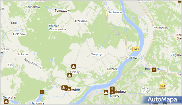 mapa Wojszyn gmina Janowiec, Wojszyn gmina Janowiec na mapie Targeo
