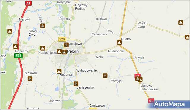 mapa Wola gmina Pelplin, Wola gmina Pelplin na mapie Targeo