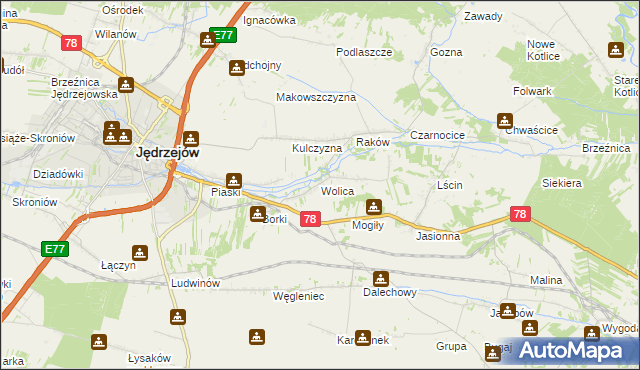 mapa Wolica gmina Jędrzejów, Wolica gmina Jędrzejów na mapie Targeo