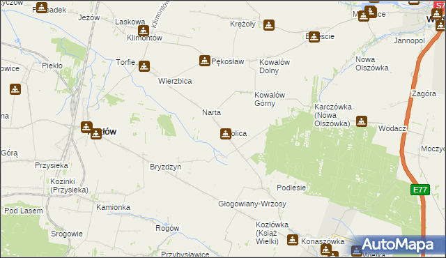 mapa Wolica gmina Kozłów, Wolica gmina Kozłów na mapie Targeo