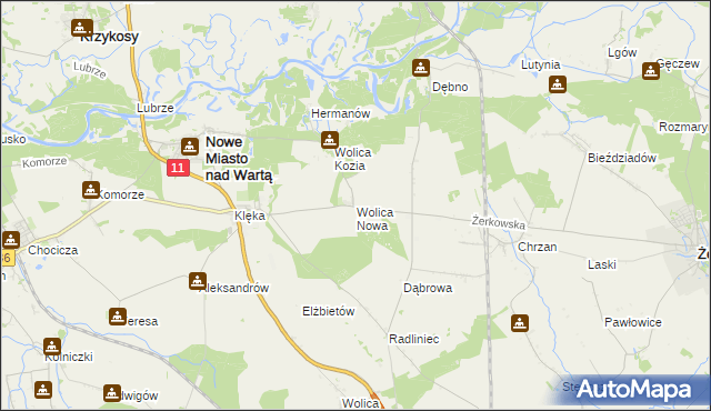 mapa Wolica Nowa gmina Nowe Miasto nad Wartą, Wolica Nowa gmina Nowe Miasto nad Wartą na mapie Targeo