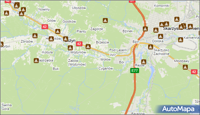 mapa Wołów gmina Bliżyn, Wołów gmina Bliżyn na mapie Targeo