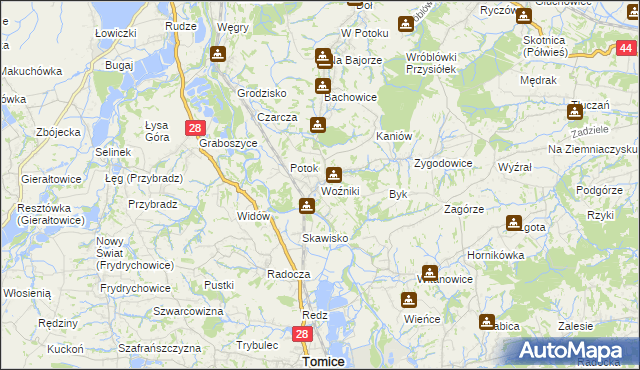 mapa Woźniki gmina Tomice, Woźniki gmina Tomice na mapie Targeo