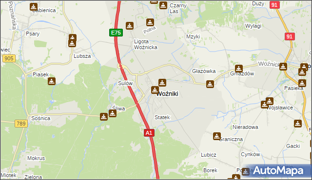 mapa Woźniki powiat lubliniecki, Woźniki powiat lubliniecki na mapie Targeo