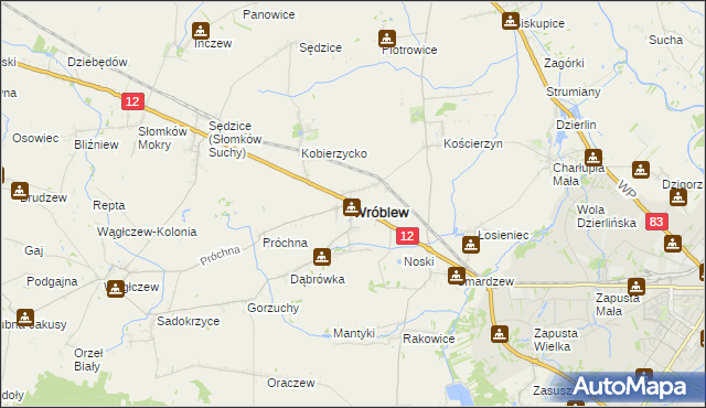 mapa Wróblew powiat sieradzki, Wróblew powiat sieradzki na mapie Targeo