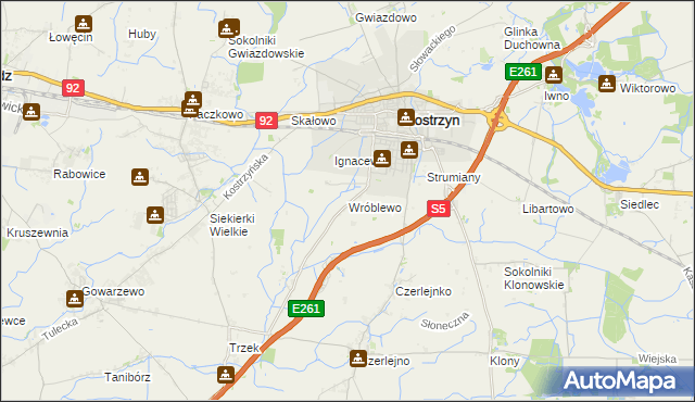 mapa Wróblewo gmina Kostrzyn, Wróblewo gmina Kostrzyn na mapie Targeo