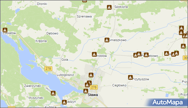 mapa Wróblów gmina Sława, Wróblów gmina Sława na mapie Targeo