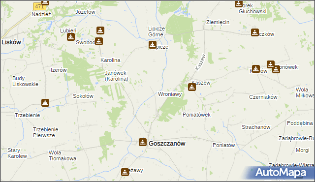 mapa Wroniawy gmina Goszczanów, Wroniawy gmina Goszczanów na mapie Targeo