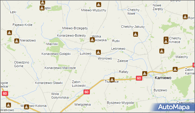 mapa Wronowo gmina Karniewo, Wronowo gmina Karniewo na mapie Targeo