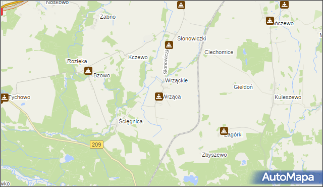 mapa Wrząca gmina Kobylnica, Wrząca gmina Kobylnica na mapie Targeo