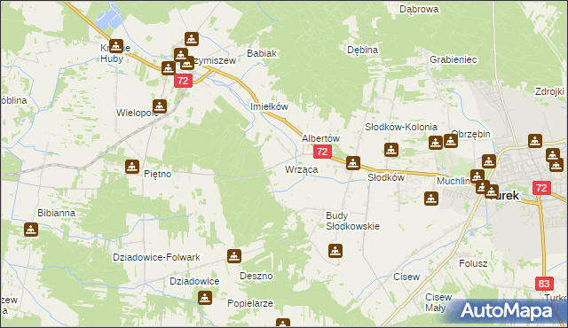 mapa Wrząca gmina Turek, Wrząca gmina Turek na mapie Targeo