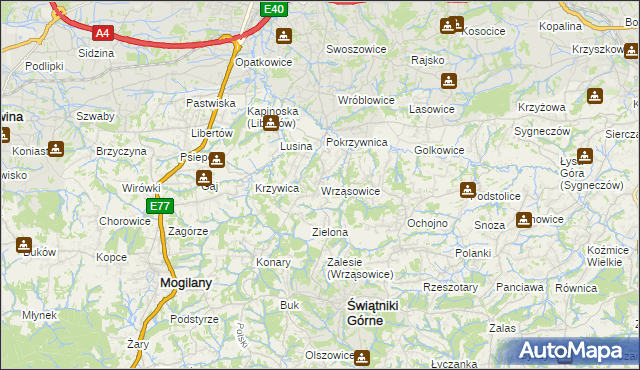 mapa Wrząsowice, Wrząsowice na mapie Targeo