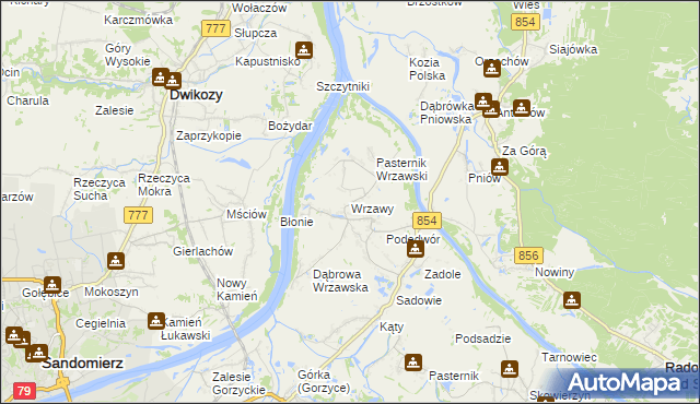 mapa Wrzawy gmina Gorzyce, Wrzawy gmina Gorzyce na mapie Targeo