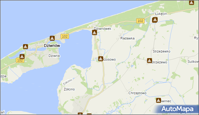 mapa Wrzosowo gmina Kamień Pomorski, Wrzosowo gmina Kamień Pomorski na mapie Targeo