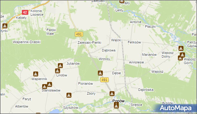 mapa Wrzosy gmina Popów, Wrzosy gmina Popów na mapie Targeo