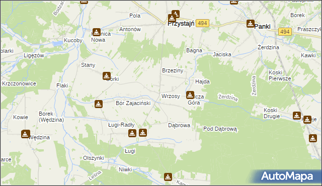 mapa Wrzosy gmina Przystajń, Wrzosy gmina Przystajń na mapie Targeo