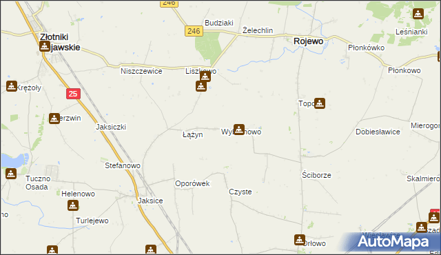 mapa Wybranowo gmina Rojewo, Wybranowo gmina Rojewo na mapie Targeo