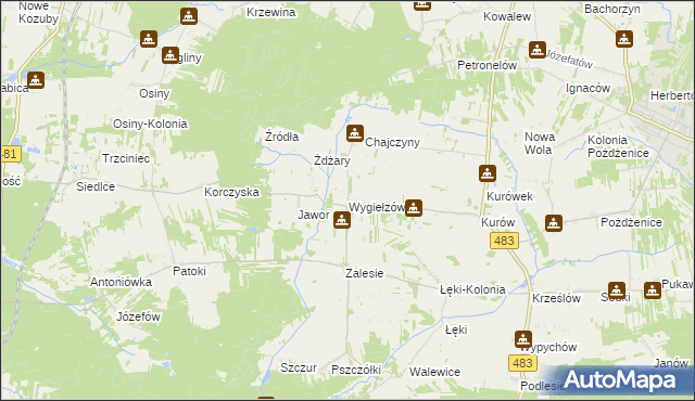 mapa Wygiełzów gmina Zelów, Wygiełzów gmina Zelów na mapie Targeo