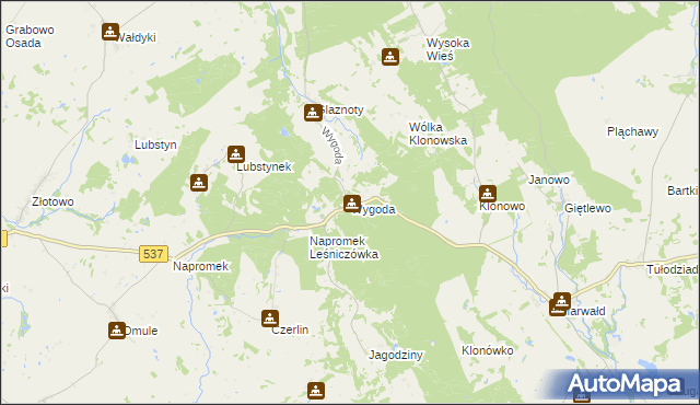 mapa Wygoda gmina Ostróda, Wygoda gmina Ostróda na mapie Targeo