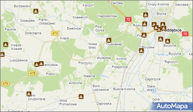 mapa Wylazłów gmina Poddębice, Wylazłów gmina Poddębice na mapie Targeo