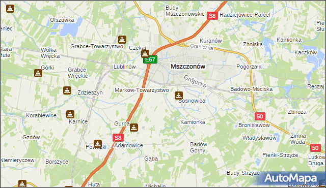 mapa Wymysłów gmina Mszczonów, Wymysłów gmina Mszczonów na mapie Targeo