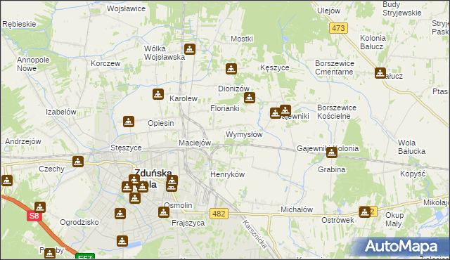 mapa Wymysłów gmina Zduńska Wola, Wymysłów gmina Zduńska Wola na mapie Targeo