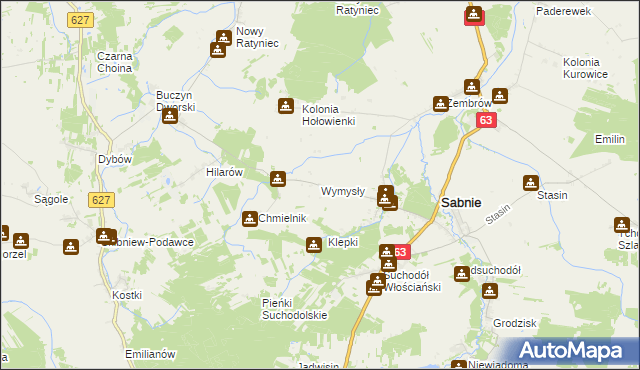 mapa Wymysły gmina Sabnie, Wymysły gmina Sabnie na mapie Targeo