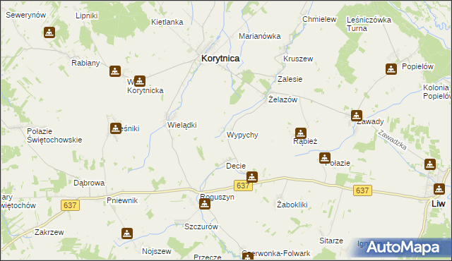 mapa Wypychy gmina Korytnica, Wypychy gmina Korytnica na mapie Targeo