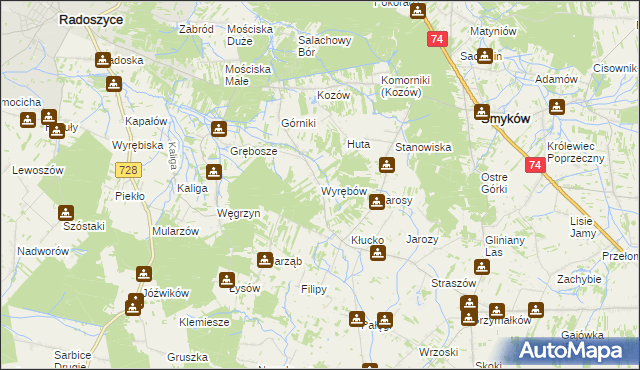 mapa Wyrębów gmina Radoszyce, Wyrębów gmina Radoszyce na mapie Targeo